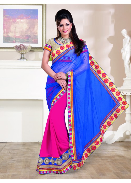 Blue and magenta party wear saree