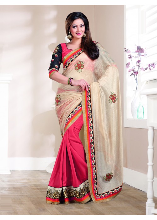 Cotton georgette red and beige saree