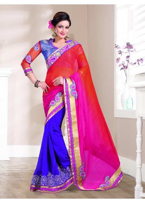 Orange and pink rich embroidered pleats saree