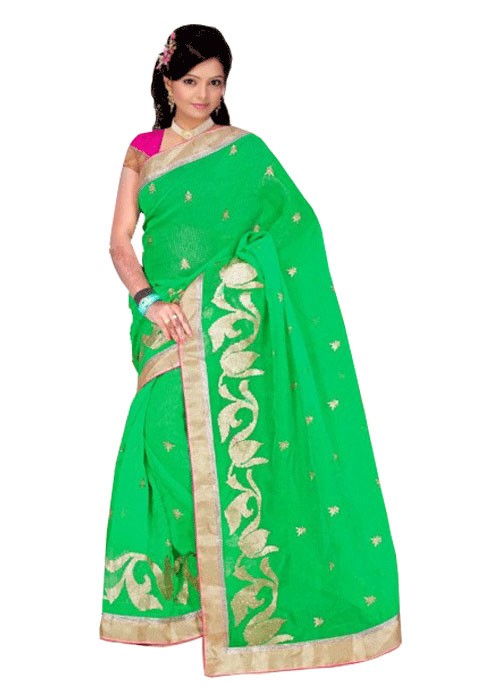 Green Plain Saree With l Shaped Embroidery Pallu