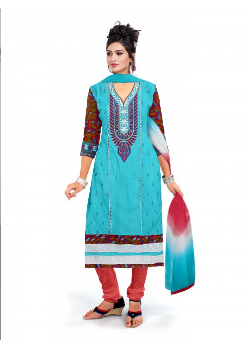 Sky blue and red embroidered dress material