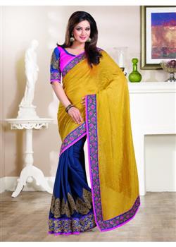Yellow and blue half cotton georgette saree