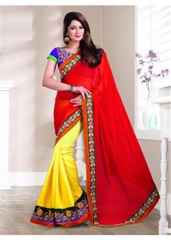 Red and yellow cotton lehenga style saree