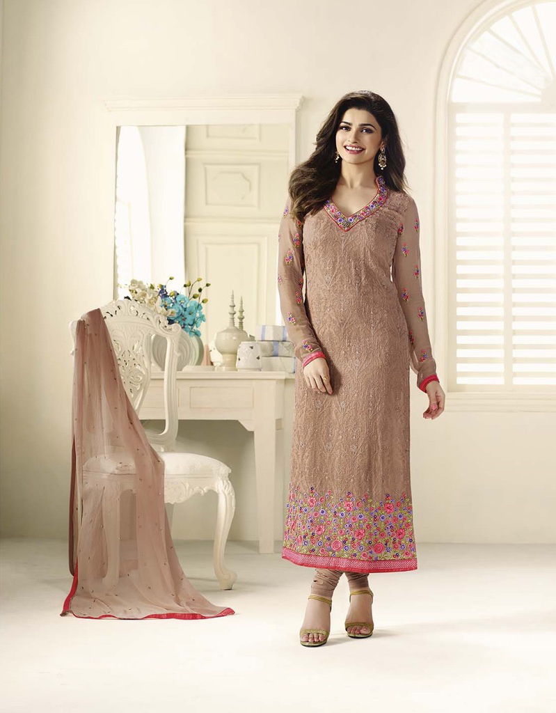 Beautiful Designer Georgette Brown Color Semi Stitched Straight Suit