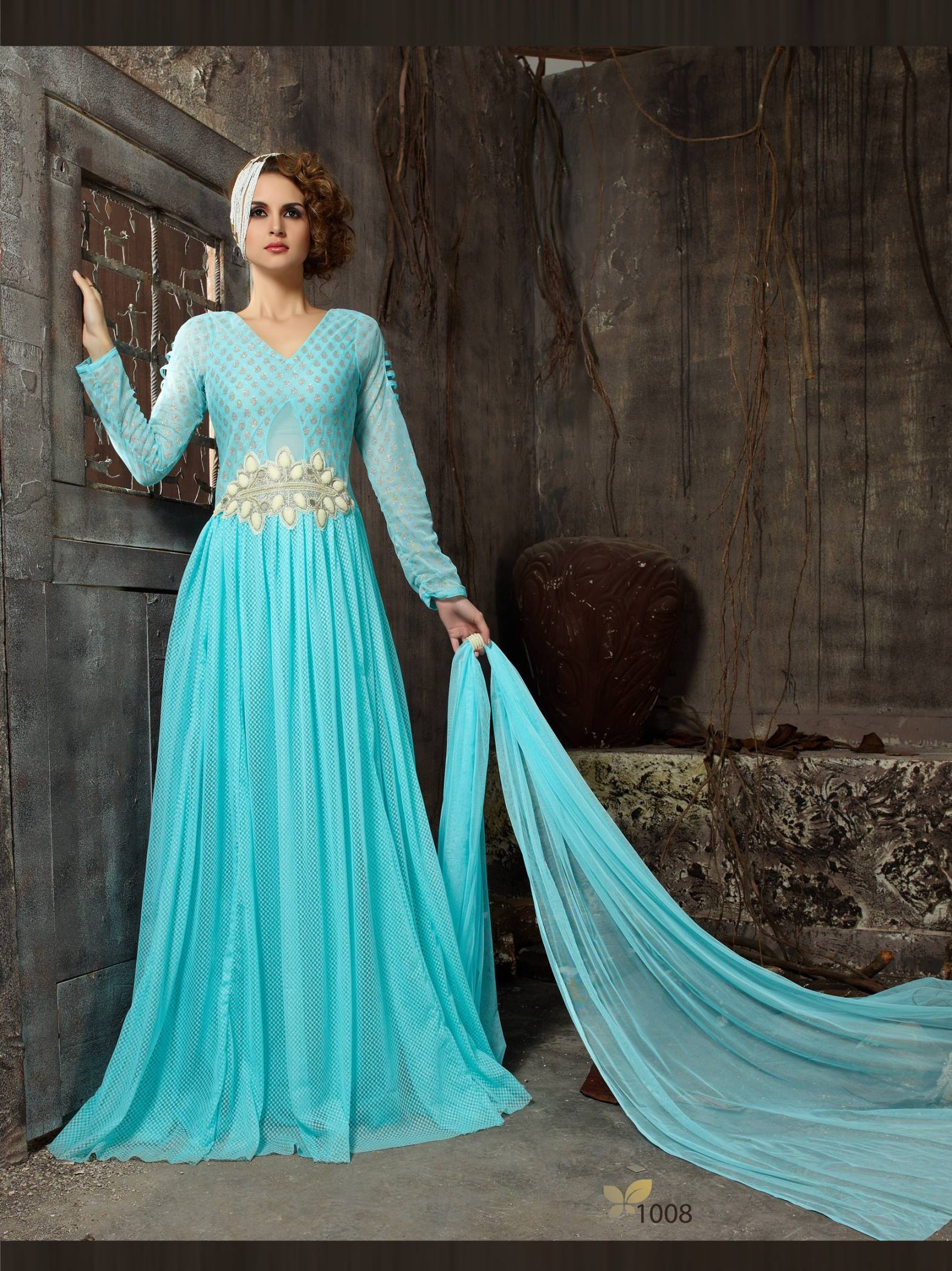 �New Stylist Look Designer Embroidred Sky Blue Gown