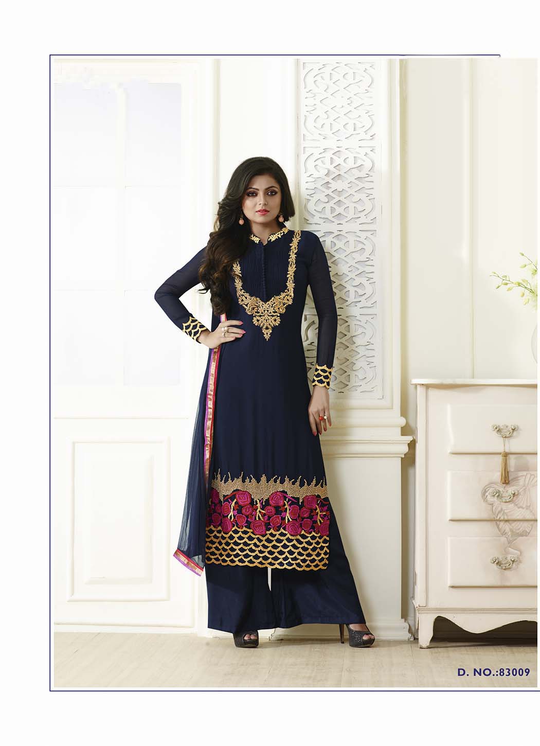 New Attractive Plazo Style Navy Blue Embroidered Salwar Suit