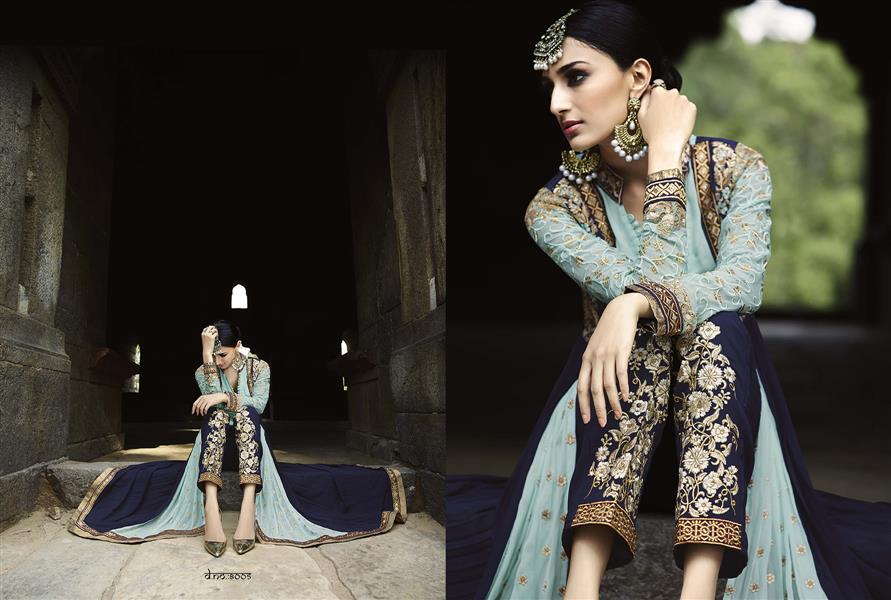 New Collection Of Georgette Sky And Navyblue Embroidered Anarkali Suit