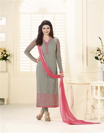 Beautiful Designer Georgette Gray Color Semi Stitched Straight Suit