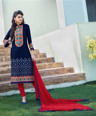 Stylist Designer Blue And Red Cottan Salwar Suit