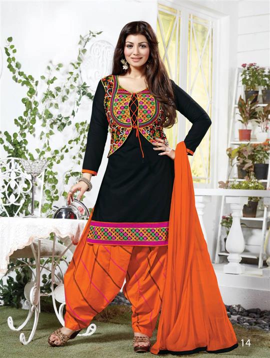 Fabulous Designer Black And Orange Cotton Patiala Suit