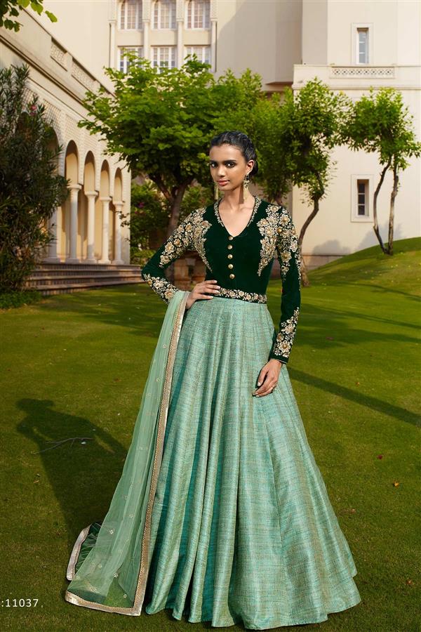Designer  green and aqua Velvet With Silk Embroidered Anarkali Suit�