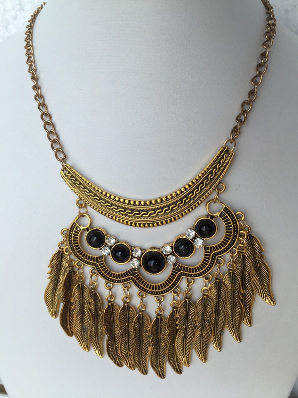 Bohemian Retro style set with chunky golden toned black turqoise multi leaf vintage necklace and earrings