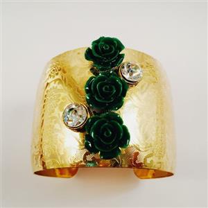 Gold toned cuff bracelet with chic and beautiful green roses and stones
