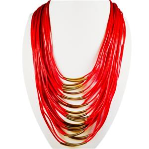 Red leather multi chord necklace with golde toned comps