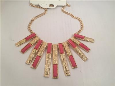 Strip beaded pink and gold toned necklace